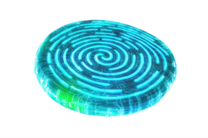 A vibrant, glowing circular object with a spiral pattern, emitting blue and green hues throughout its surface. png