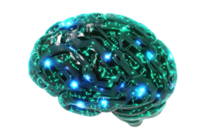 A futuristic, digital brain represented with glowing circuits and lights, symbolizing intelligence and technology. png