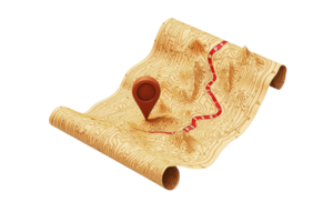 A rolled map featuring a marked location and a winding path, highlighting geographical features and navigation. png