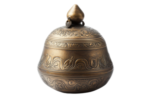An intricately designed bronze container with a decorative lid and elegant patterns adorning its surface. png