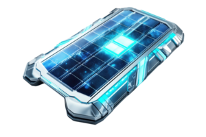 A sleek, futuristic solar panel featuring glowing blue elements and a smooth metallic finish. png