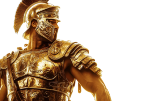 A golden armored warrior stands in profile, showcasing impressive details of the helmet and armor against a dark background. png