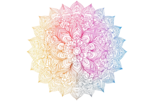 A colorful, intricate mandala design featuring symmetrical patterns and vibrant hues radiating from a central point. png