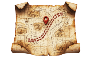 An old, weathered map featuring a winding path and a prominent location marker. png