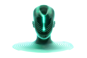 A futuristic human-like figure with a glowing, wavy pattern creates a sense of digital technology and artificial intelligence. png