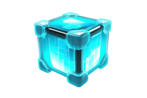 A glowing, futuristic blue cube with hexagonal edges and illuminated patterns. png
