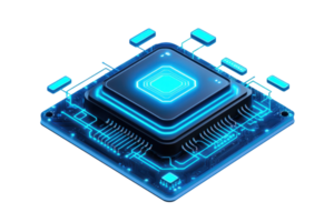 A stylized microprocessor design featuring glowing elements and intricate circuitry. png