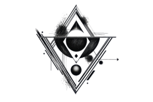 A geometric design featuring a central orb surrounded by abstract shapes and celestial motifs, emphasizing a mystical aesthetic. png