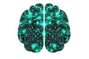 A digital brain design featuring intricate circuits and glowing elements, representing intelligence and technology. png