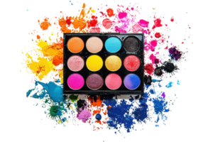 A vibrant palette of twelve colorful eyeshadows arranged neatly on a base with splashes of paint in various hues surrounding it. png