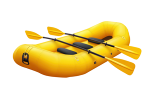 A bright yellow inflatable raft equipped with four paddles, designed for adventurous water activities. png