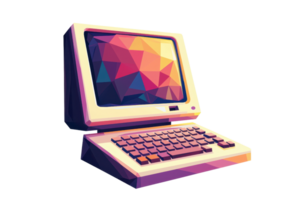 A retro-styled computer with a colorful geometric screen and a classic keyboard design. png