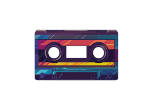 A vibrant, retro cassette tape featuring colorful patterns and two circular reels. png