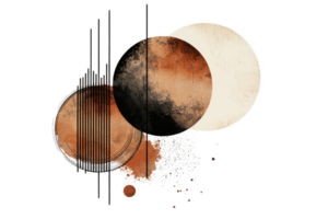 Abstract composition featuring circular forms in earthy tones, evoking celestial motifs with lines and textures. png