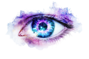 A striking, colorful human eye with a galaxy-like pattern and vibrant hues. png