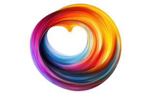 A vibrant swirl of colors forms a heart-like shape, blending hues of orange, red, blue, and purple in a dynamic, fluid design. png
