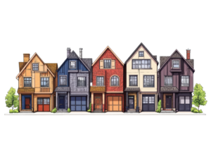 A row of colorful, distinct houses showcasing various architectural styles and designs. png