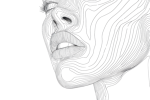 A stylized, line-art representation of a face, emphasizing the contours and features with intricate, flowing lines. png