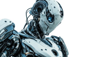 A futuristic robot with a sleek, metallic design featuring glowing blue elements, set against a dark background. png