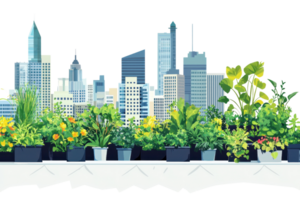 A vibrant collection of potted plants sits in front of a city skyline, showcasing a blend of nature and urban architecture. png