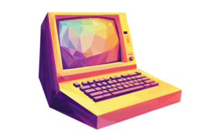 A vintage computer with a colorful, geometric design featuring a keyboard and a stylized monitor. png