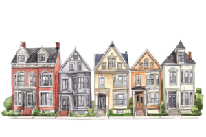 A row of colorful, distinct houses showcasing varied architectural styles and details. png