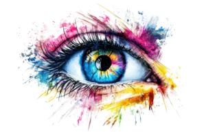 A colorful, artistic representation of an eye with vibrant hues surrounding it, showcasing intricate details and expressive features. png