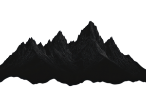 A silhouette of rugged mountain peaks, showcasing sharp ridges and dramatic contours in a dark setting. png