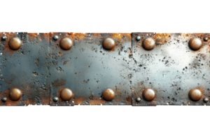 A metal plate featuring visible rust and rivets, showcasing a weathered, industrial design. png