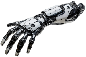 A robotic hand designed with intricate mechanical details, showcasing a blend of metallic and synthetic materials. png