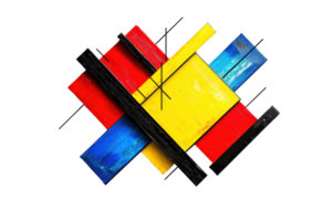 A vibrant arrangement of geometric shapes in red, yellow, blue, and black, creating a striking visual composition. png