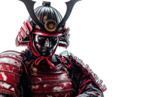 A warrior in traditional samurai armor, showcasing intricate designs and a striking helmet adorned with horns. png