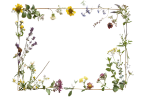 A vibrant arrangement of various wildflowers and greenery forming a decorative frame. png