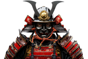 A detailed samurai armor with a distinctive helmet and faceplate, showcasing intricate designs and vibrant colors. png