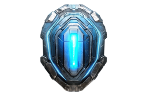 A futuristic shield with a glowing blue core, featuring a sleek metallic design and angular shapes. png