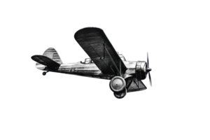 A vintage biplane with a classic design, featuring a propeller and distinctive wings, captured in a dynamic angle. png
