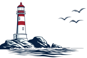 A red and white striped lighthouse stands on rocky terrain, casting a guiding light over dark waters, with birds soaring in the sky. png