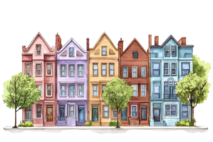 A row of colorful, charming houses with distinct architectural features and greenery, showcasing a vibrant urban scene. png