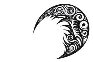 A decorative black crescent moon featuring intricate swirling patterns and sharp edges, embodying a mystical aesthetic. png
