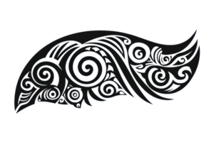 A stylized tribal design featuring intricate swirls and patterns, conveying a sense of movement and cultural significance. png