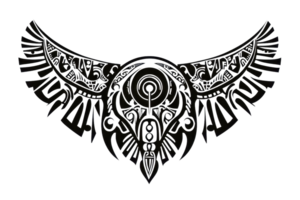 A stylized wing design featuring intricate patterns and a central circular motif, evoking a sense of mystique and creativity. png