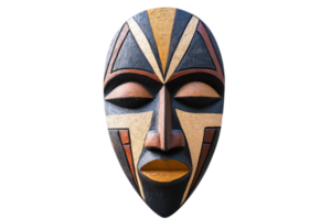A colorful, intricately designed mask featuring geometric patterns and expressive facial features. png