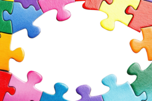 A colorful jigsaw puzzle with a missing piece in the center, showcasing vibrant hues surrounding a blank space. png