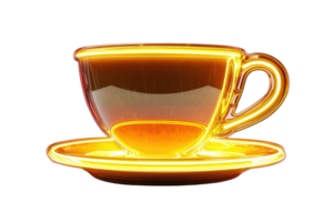 A glowing orange tea cup with a matching saucer, showcasing a smooth, shiny surface and elegant design. png