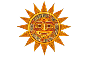 A vibrant sun emblem featuring intricate patterns and a stylized face, radiating golden rays in a circular design. png