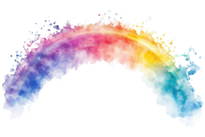 A vibrant watercolor rainbow arching gracefully, showcasing a spectrum of colors with artistic splashes at its edges. png