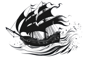 A dramatic ship with billowing sails navigating through turbulent waves, embodying the spirit of adventure and mystery. png