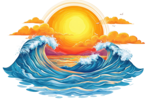 A vibrant sun setting behind stylized ocean waves, with clouds accentuating the warm colors of the scene. png