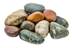A collection of various smooth, colorful stones arranged together, showcasing diverse shapes and patterns. png