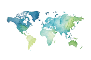 A watercolor world map showcasing various shades of blue and green, representing continents in an artistic style. png